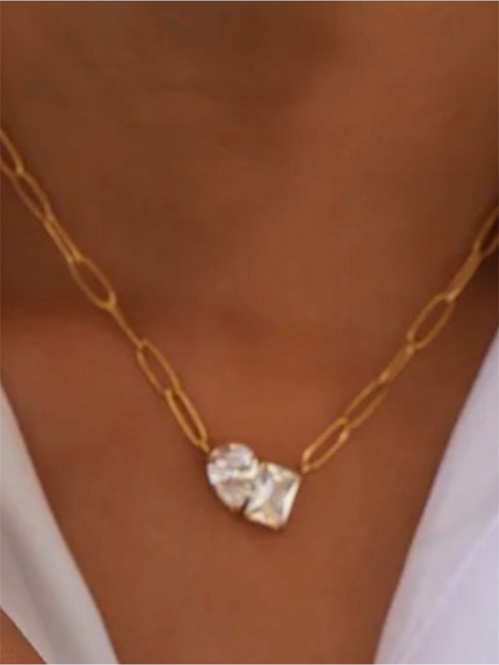 Paperclip Chain Necklace with CZ Stone Pendant NWT 18KT Gold Plated PVD